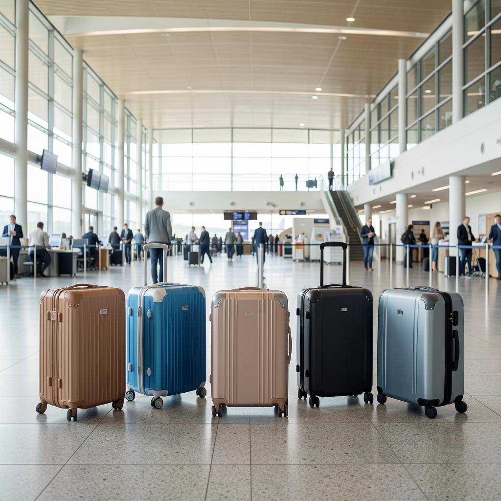 Poredbeni prikaz pet najpopularnijih kofera 2025 različitih brendova poređanih na svetloj pozadini aerodromskog hola
