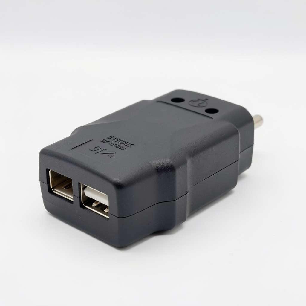 Univerzalni putni adapter sa USB portovima i utičnicama za različite standarde na beloj podlozi