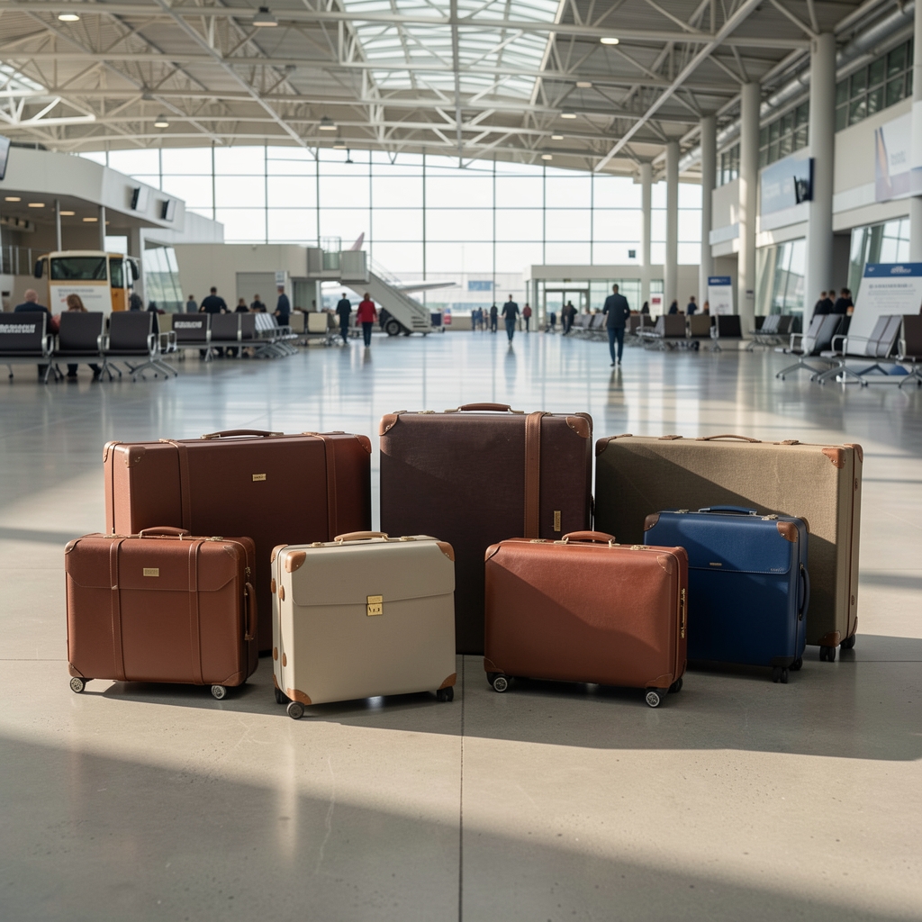 Profesionalna fotografija kolekcije premium kofera različitih veličina i materijala raspoređenih na aerodromu