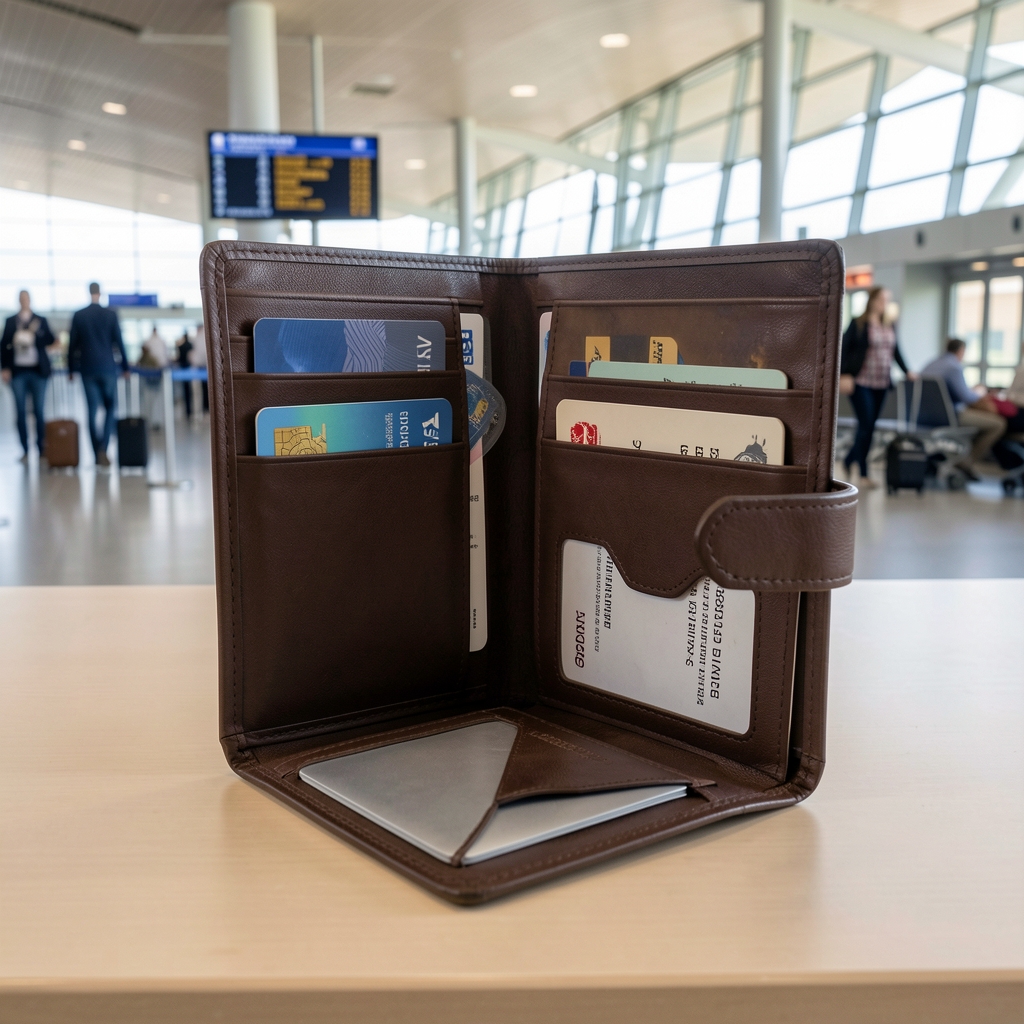 Premium kožna torbica za pasoš sa RFID zaštitom otvorena na stolu aerodroma prikazujući unutrašnje džepove za kartice i dokumente