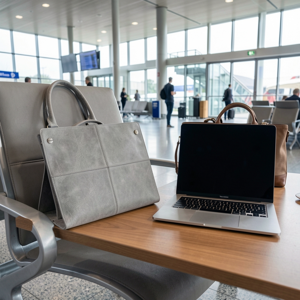 Elegantna siva laptop futrola od veganske kože otvorena na aerodromskim stolici pored MacBook Pro laptopa i putne torbe