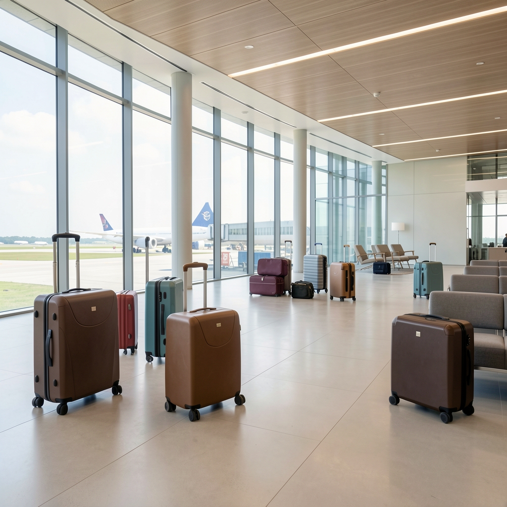 Moderni aerodrom sa elegantnim koferima i putnom opremom raspoređenom na svetloj podlozi, koji prikazuje premium travel lifestyle