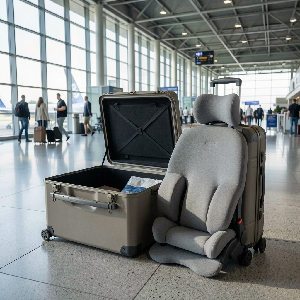 Ergonomski putni jastuk za vrat od memorijske pene u sivoj boji pored otvorenog kofera na aerodromu