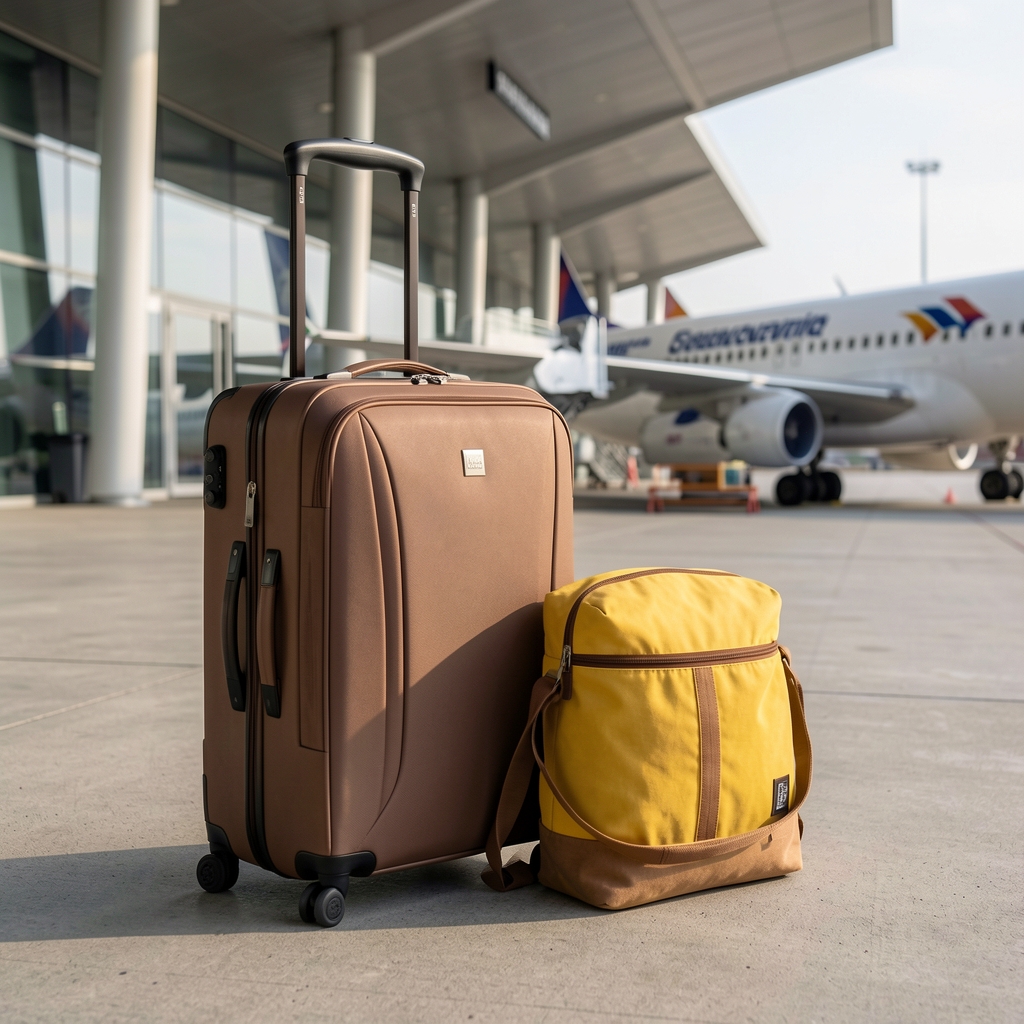 Naduvni putni jastuk u žutoj boji spakovan u malu torbu pored kofera na aerodromskoj traci za prtljag