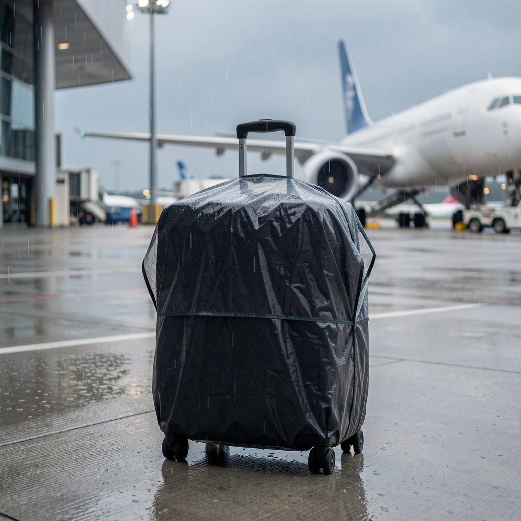 Providna kišna navlaka za kofer veličine L nategnut na tamnosivom koferu na aerodromu sa kišom u pozadini