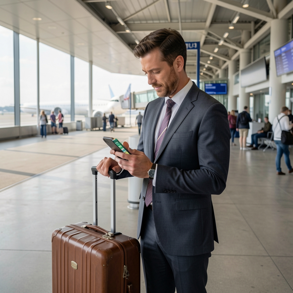 Putnik na aerodromu sa elegantnim koferom koji pregleda telefon sa travel aplikacijom