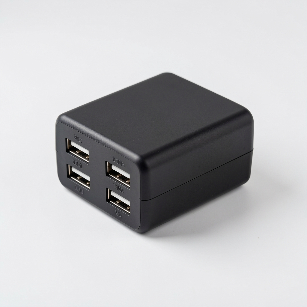 BESTEK višenamjenski putni adapter crne boje sa četiri USB porta i dugmetom za zaštitu od prenapona na beloj podlozi