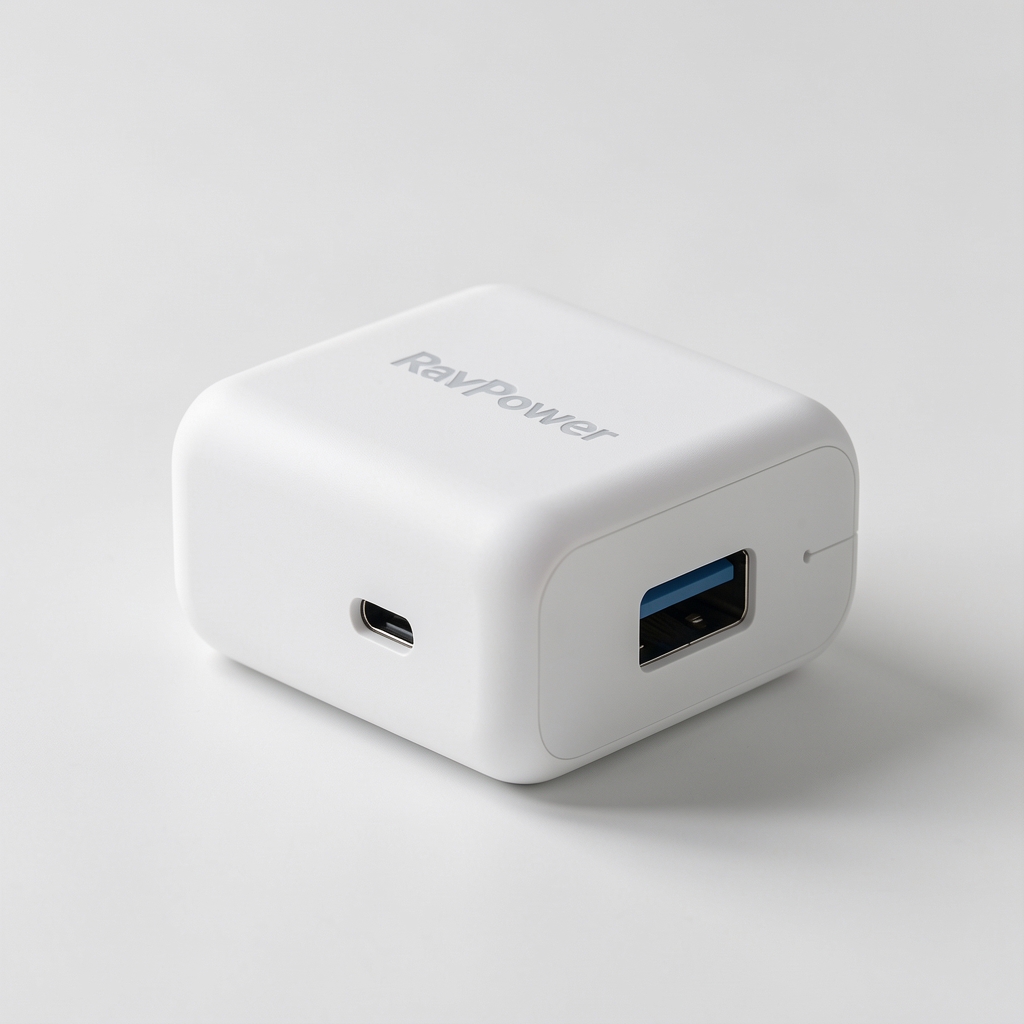 RAVPower GaN kompaktni adapter sa USB-C i USB-A portovima u beloj boji sa GaN tehnologijom za efikasno punjenje