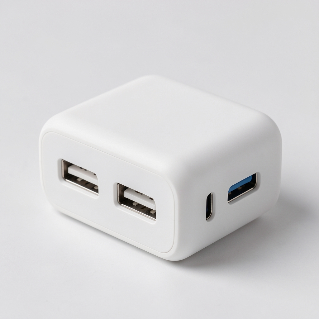 Univerzalni putni adapter sa tri USB portova i jednim USB-C portom u belom dizajnu za sve svetske standarde