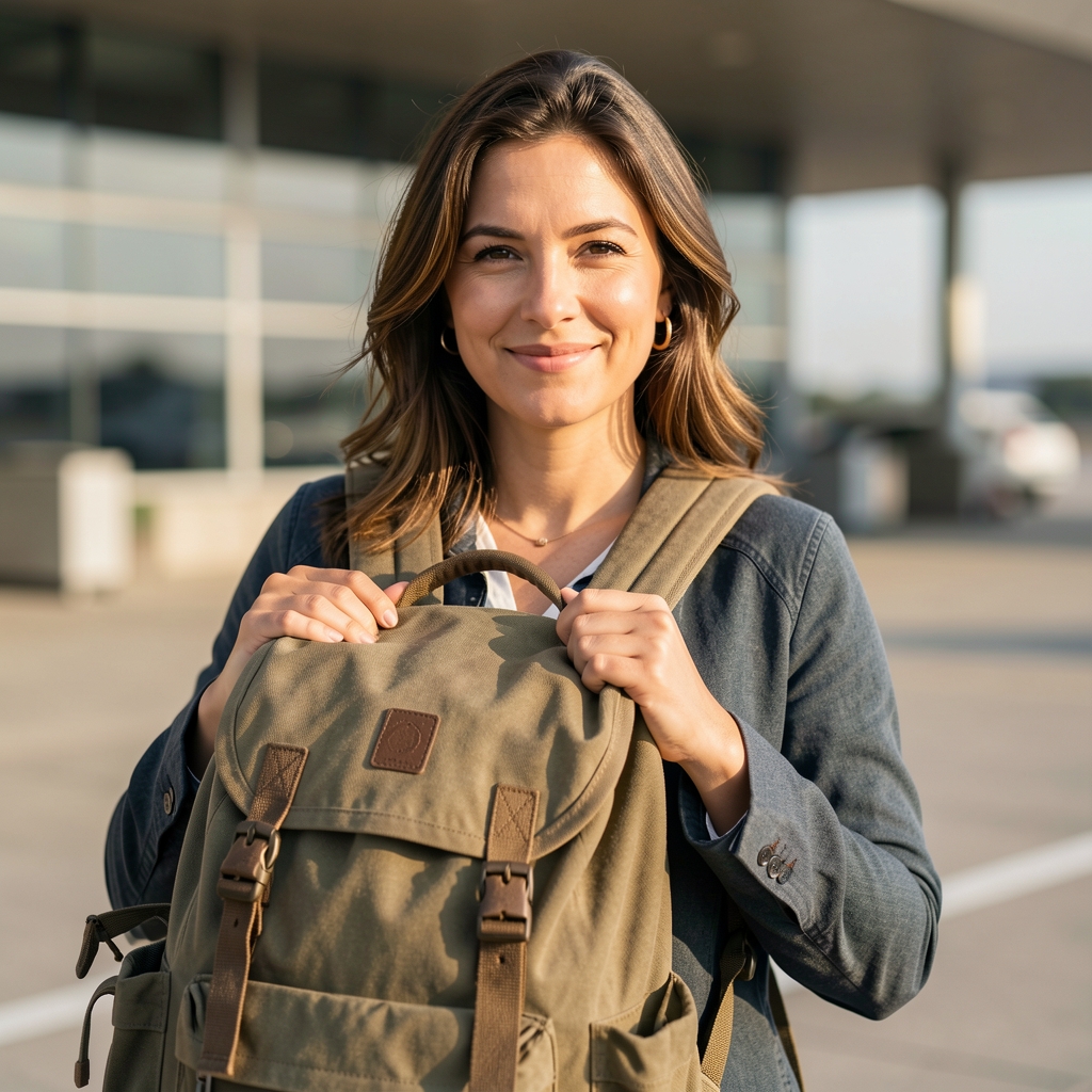 Jovana Ilić, travel blogerka i saradnik Travore, žena koja drži putni ruksak pred aerodromom