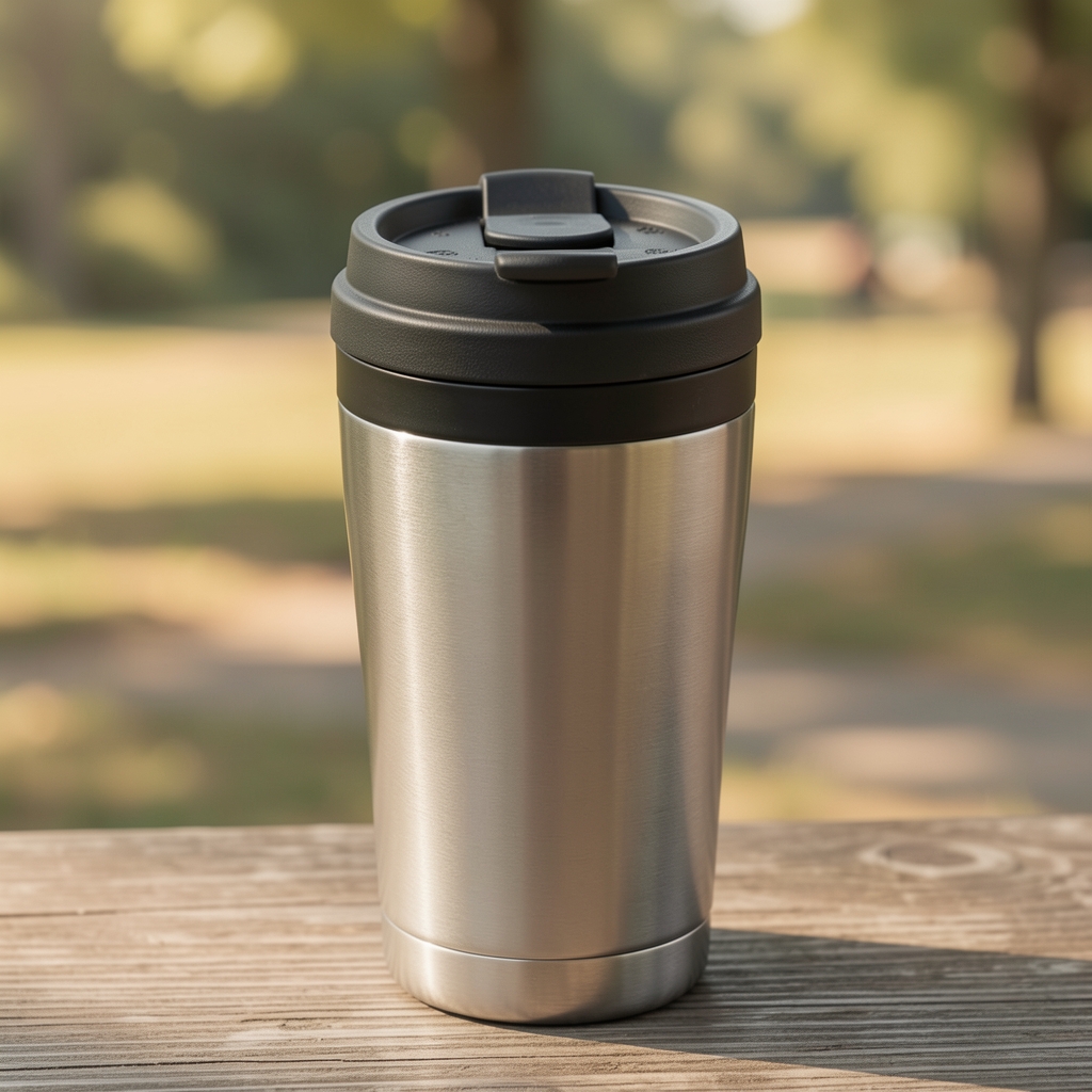 Srebrna Thermos travel mug od 350ml sa pritisnim dugmetom za otvaranje i anti-drip mehanizmom za kafu tokom putovanja